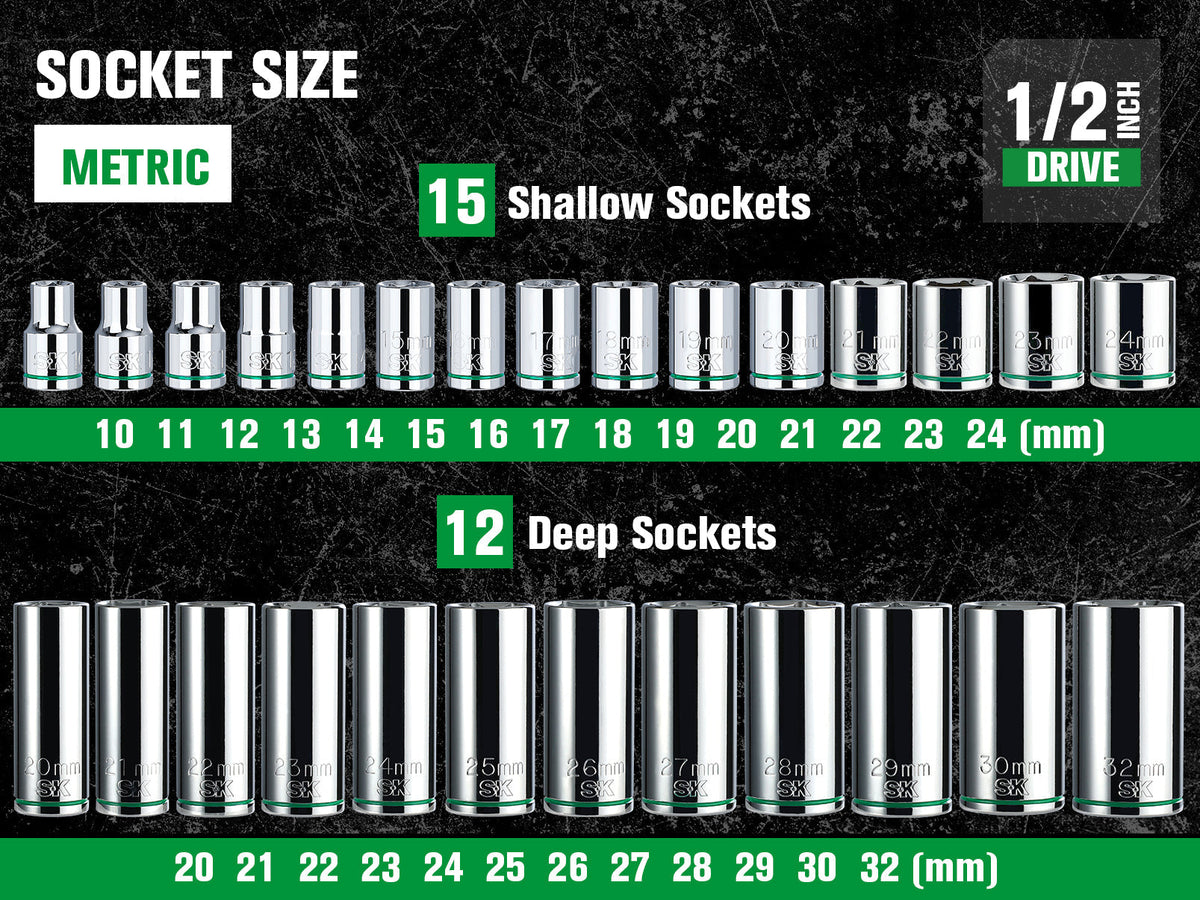 SK Tools USA - 31 Piece 1/2" Drive, 6 Point, Standard & Deep, Metric Chrome Socket Set - Ridge Toolbox