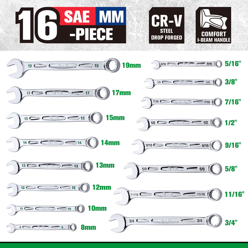 SK Tools USA - 16 Piece, 12 Point, SAE & Metric Chrome Combination Wrench Set - Ridge Toolbox