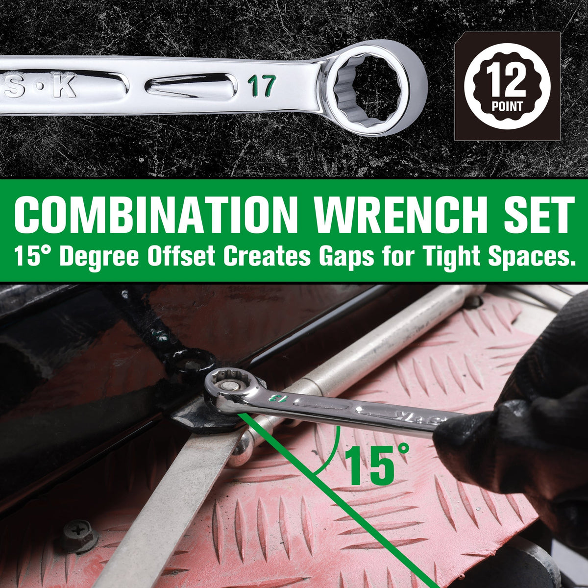 SK Tools USA - 16 Piece, 12 Point, SAE & Metric Chrome Combination Wrench Set - Ridge Toolbox
