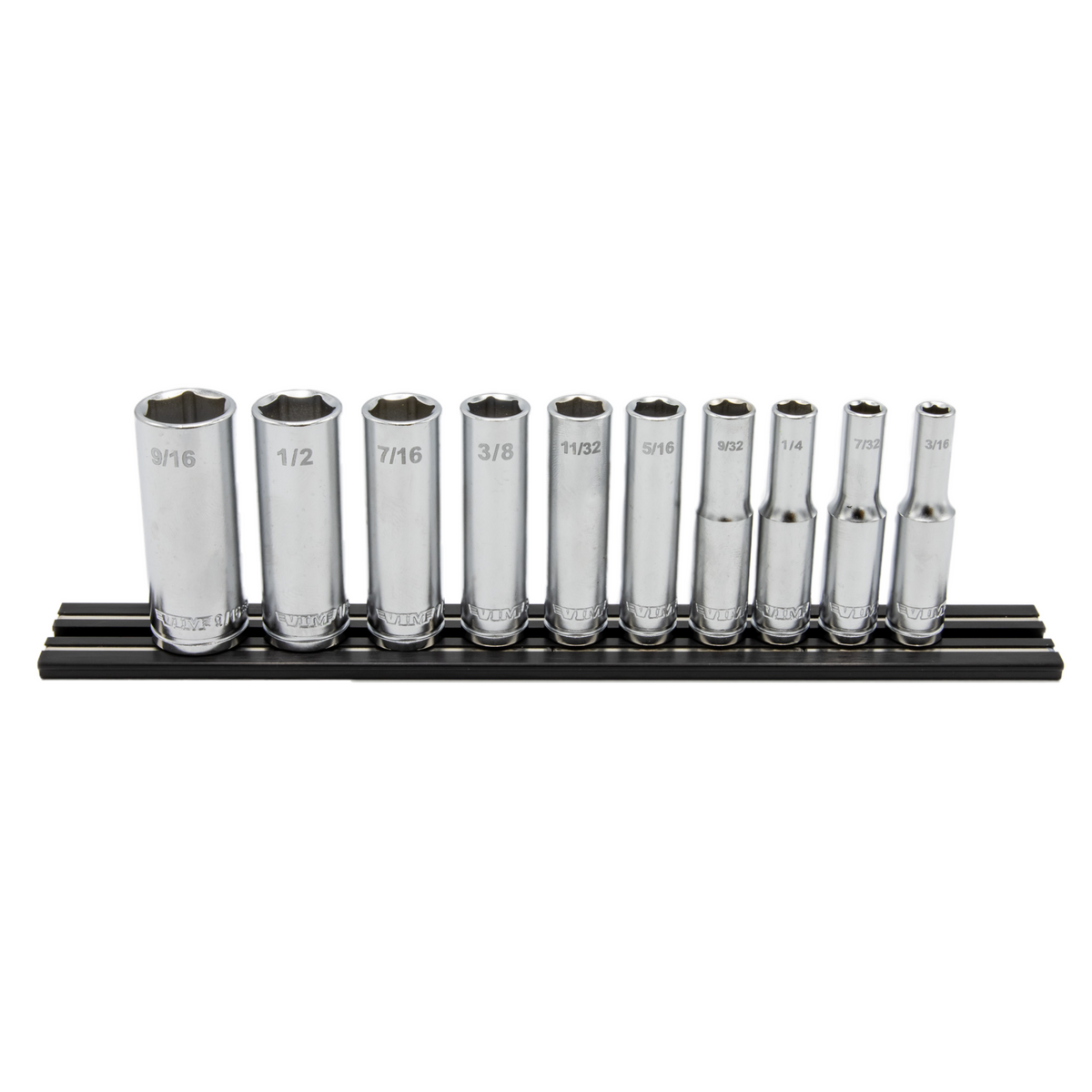 VIM Tools - 10 PC. 1/4'' DR. DEEP SAE SOCKET SET W/ BLACK 8” MAGRAIL - SMS400 SUBSET