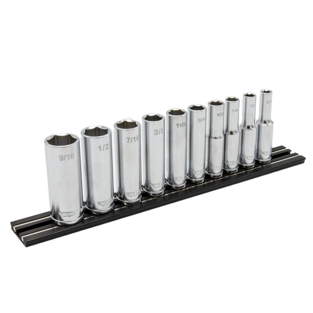 VIM Tools - 10 PC. 1/4'' DR. DEEP SAE SOCKET SET W/ BLACK 8” MAGRAIL - SMS400 SUBSET