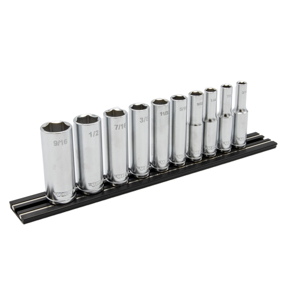 VIM Tools - 10 PC. 1/4'' DR. DEEP SAE SOCKET SET W/ BLACK 8” MAGRAIL - SMS400 SUBSET