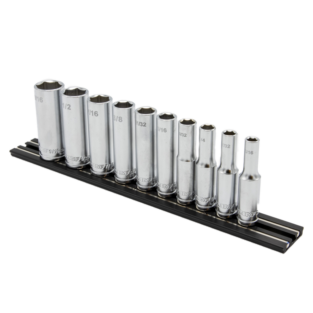VIM Tools - 10 PC. 1/4'' DR. DEEP SAE SOCKET SET W/ BLACK 8” MAGRAIL - SMS400 SUBSET