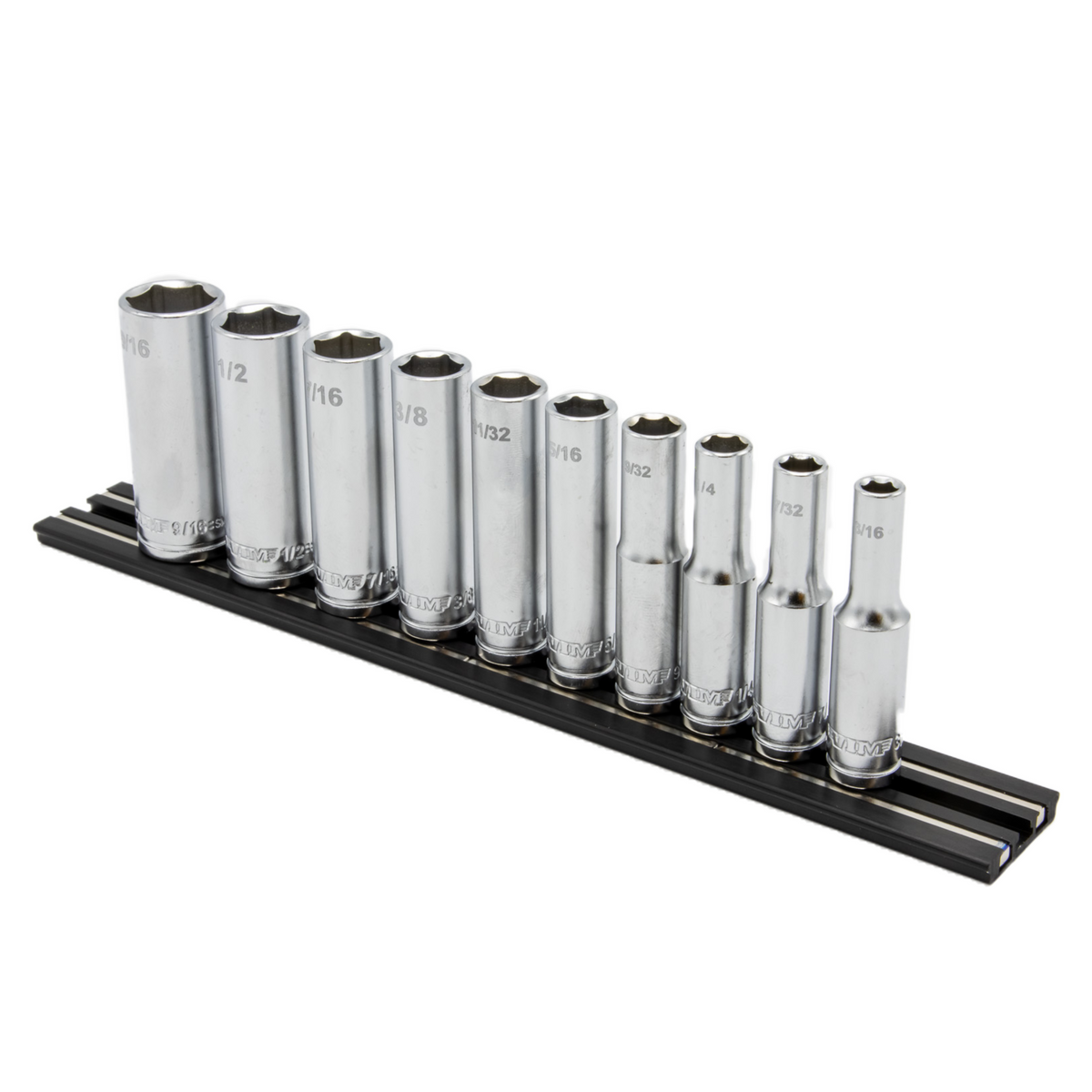 VIM Tools - 10 PC. 1/4'' DR. DEEP SAE SOCKET SET W/ BLACK 8” MAGRAIL - SMS400 SUBSET