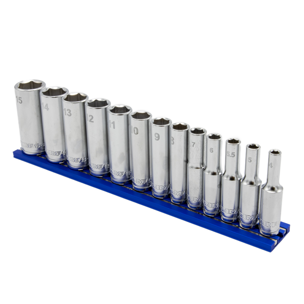 VIM Tools - 13 PC. 1/4'' DR. DEEP METRIC SOCKET SET W/ BLUE 8" MAGRAIL - SMS400 SUBSET