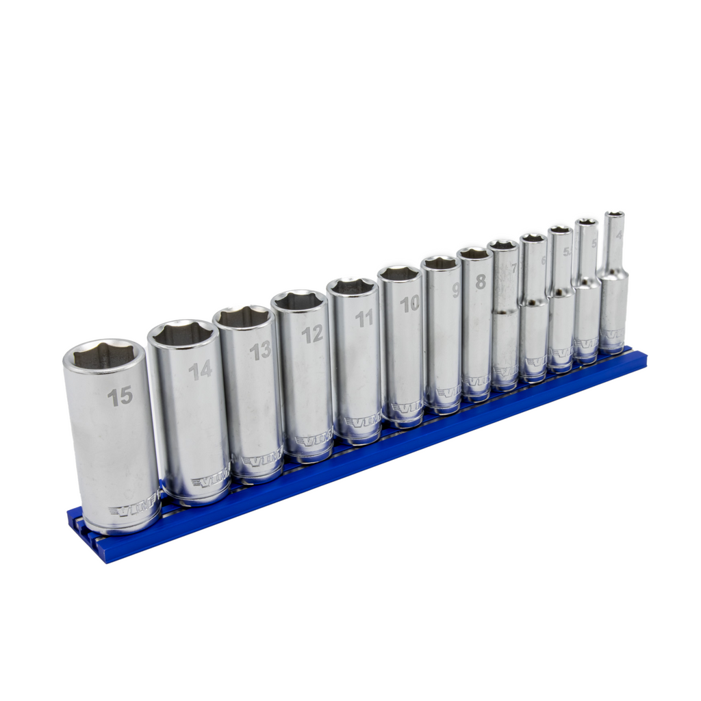 VIM Tools - 13 PC. 1/4'' DR. DEEP METRIC SOCKET SET W/ BLUE 8" MAGRAIL - SMS400 SUBSET