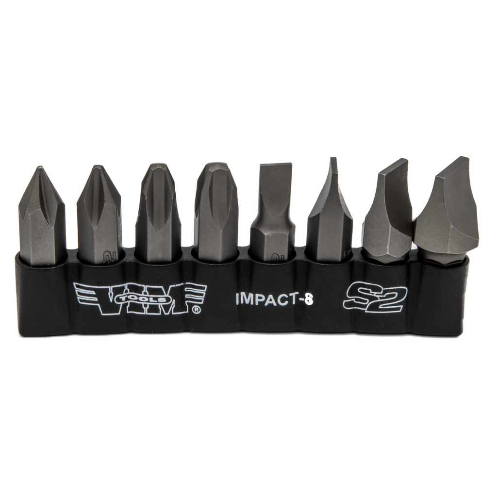 Vim Tools - Impact Quality S2 Bit Set, 8 Pc Bits 5/16″ Hex Bodies, 1.25″L, P1-P4 Phillips & Flat Tip - Ridge Toolbox