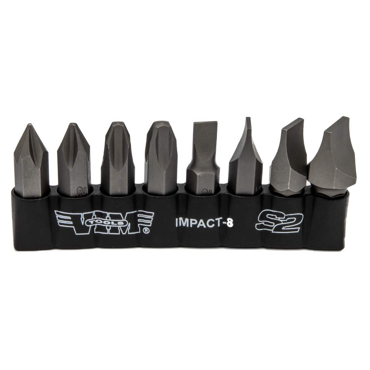 Vim Tools - Impact Quality S2 Bit Set, 8 Pc Bits 5/16″ Hex Bodies, 1.25″L, P1-P4 Phillips & Flat Tip - Ridge Toolbox