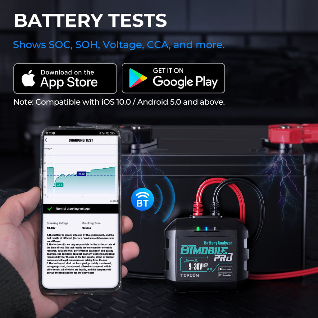 TOPDON 12V Bluetooth Battery and 12V/24V System Tester - Ridge Toolbox