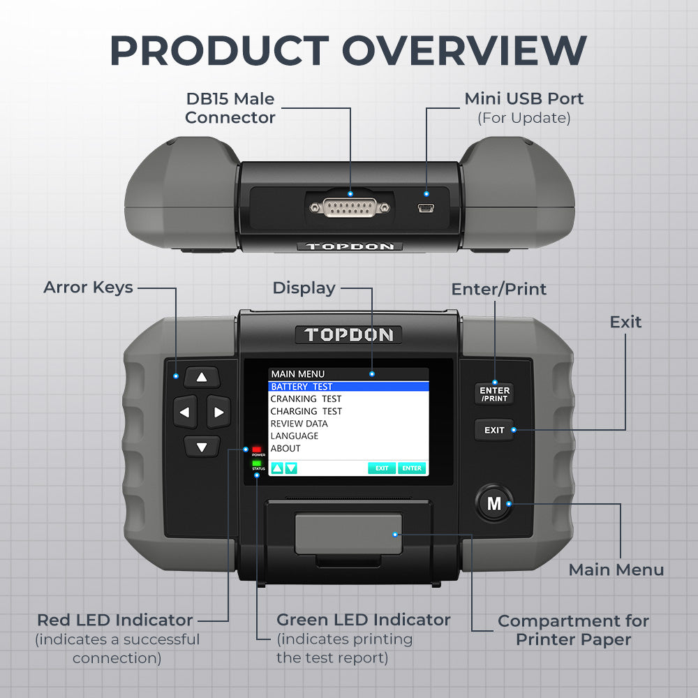 TOPDON 12V Battery & 12V/24V System Tester w/Built-in Printer - Ridge Toolbox