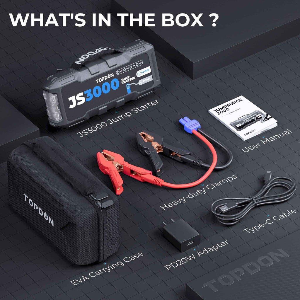 TOPDON 3000 Peak Amp Battery Jumpstarter, Power Bank, & Flashlight - Ridge Toolbox