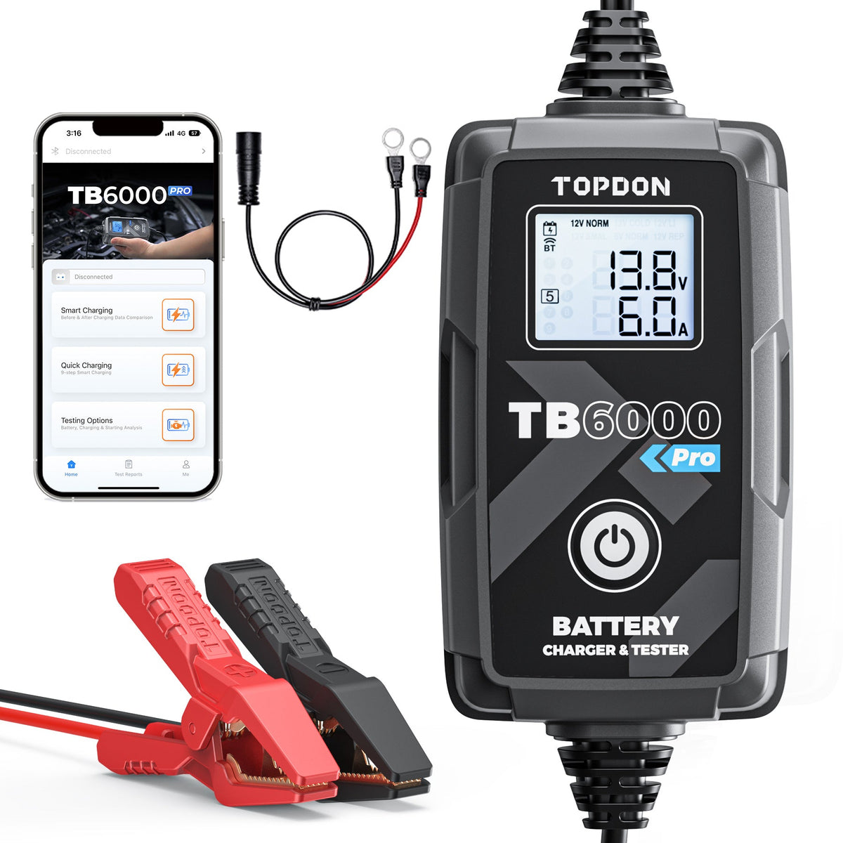 TOPDON 2-in-1 6A Battery Charger & Battery Tester with App - Ridge Toolbox