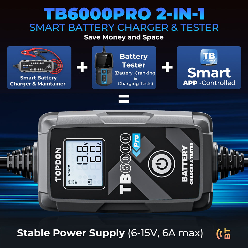 TOPDON 2-in-1 6A Battery Charger & Battery Tester with App - Ridge Toolbox