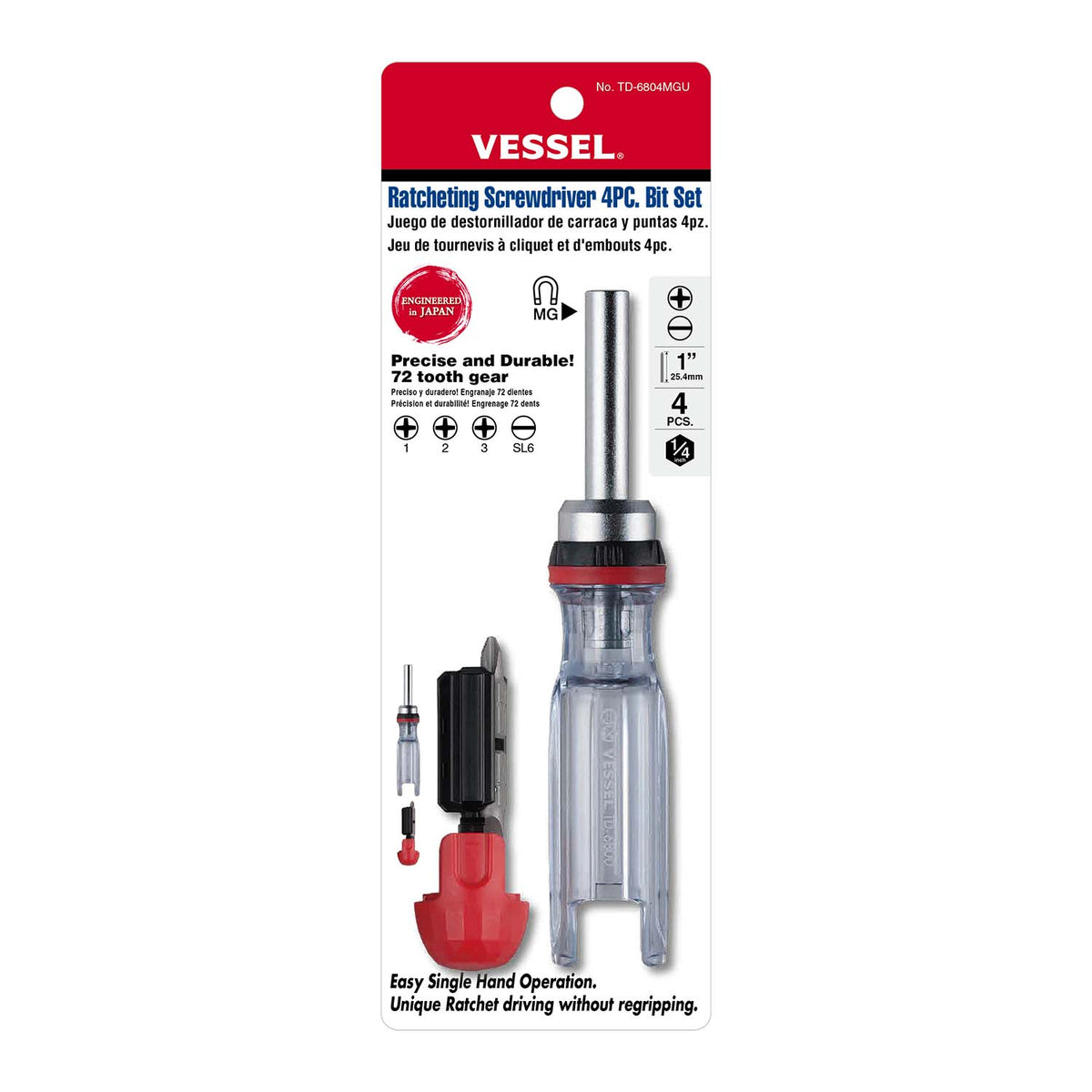 Vessel CRYSTALINE Ratchet Screwdriver with 4PC. Insert Bit - professional screwdrivers
