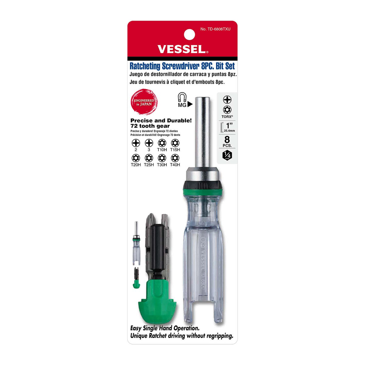 Vessel CRYSTALINE Ratchet Screwdriver with 8PC. Insert Bit - professional screwdrivers