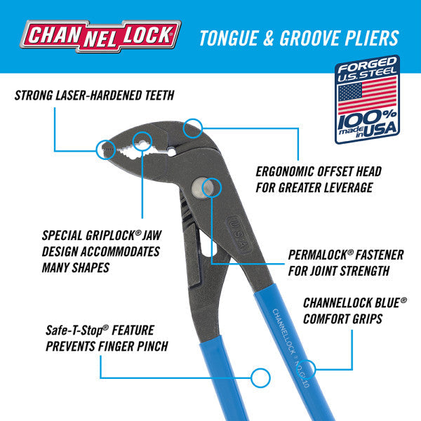 Channellock 9.5-Inch GRIPLOCK Tongue & Groove Pliers - Ridge Toolbox