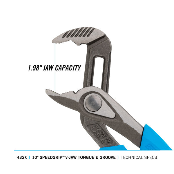 Channellock V-Jaw Pliers - 10-Inch SPEEDGRIP Tongue Groove Pliers for Superior Grip and Precision - Ridge Toolbox