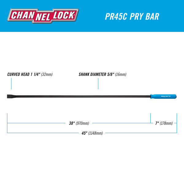 Channellock 1-1/4 x 38-inch Professional Pry Bar, 45-inch Overall Length - Ridge Toolbox