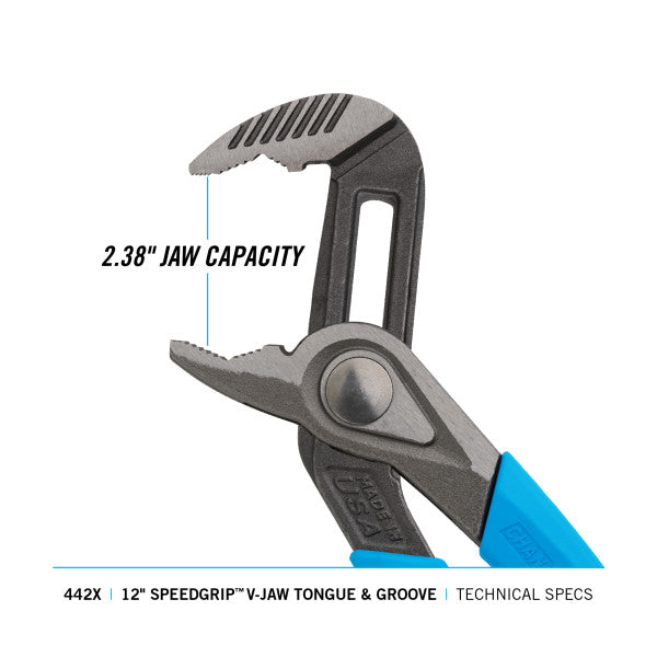 Channellock 12-Inch V-Jaw Tongue & Groove Pliers for Maximum Grip and Versatility SPEEDGRIP - Ridge Toolbox