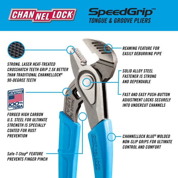 Channellock SPEEDGRIP Pliers - 8-Inch Straight Jaw Tongue & Groove Tool - Ridge Toolbox