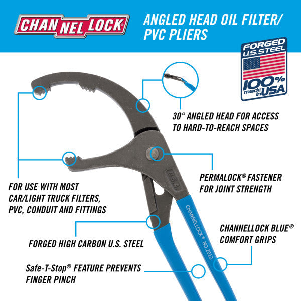 Channellock 12-Inch Oil Filter/PVC Angled Head Pliers - Maximum Grip & Access