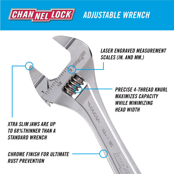 Channellock 6-Inch Precision Adjustable Wrench with Extra Slim Jaw - Ridge Toolbox