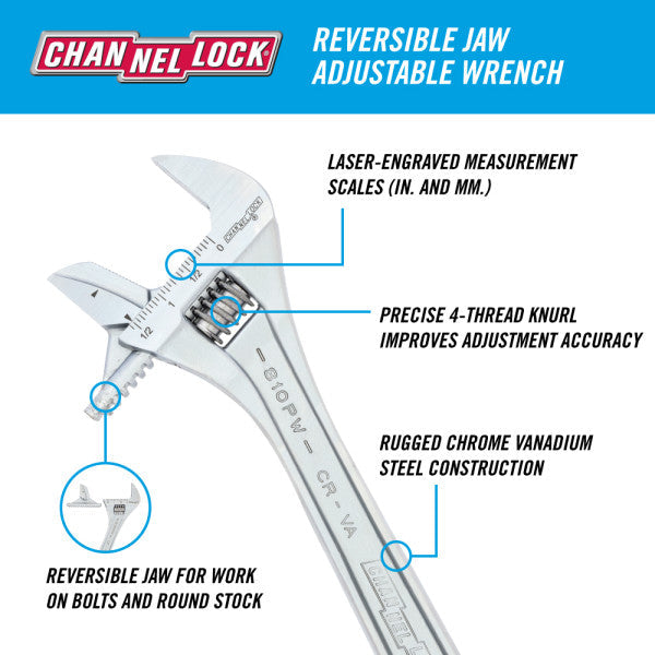 Channellock 10-Inch Reversible Jaw Adjustable Wrench - Ridge Toolbox